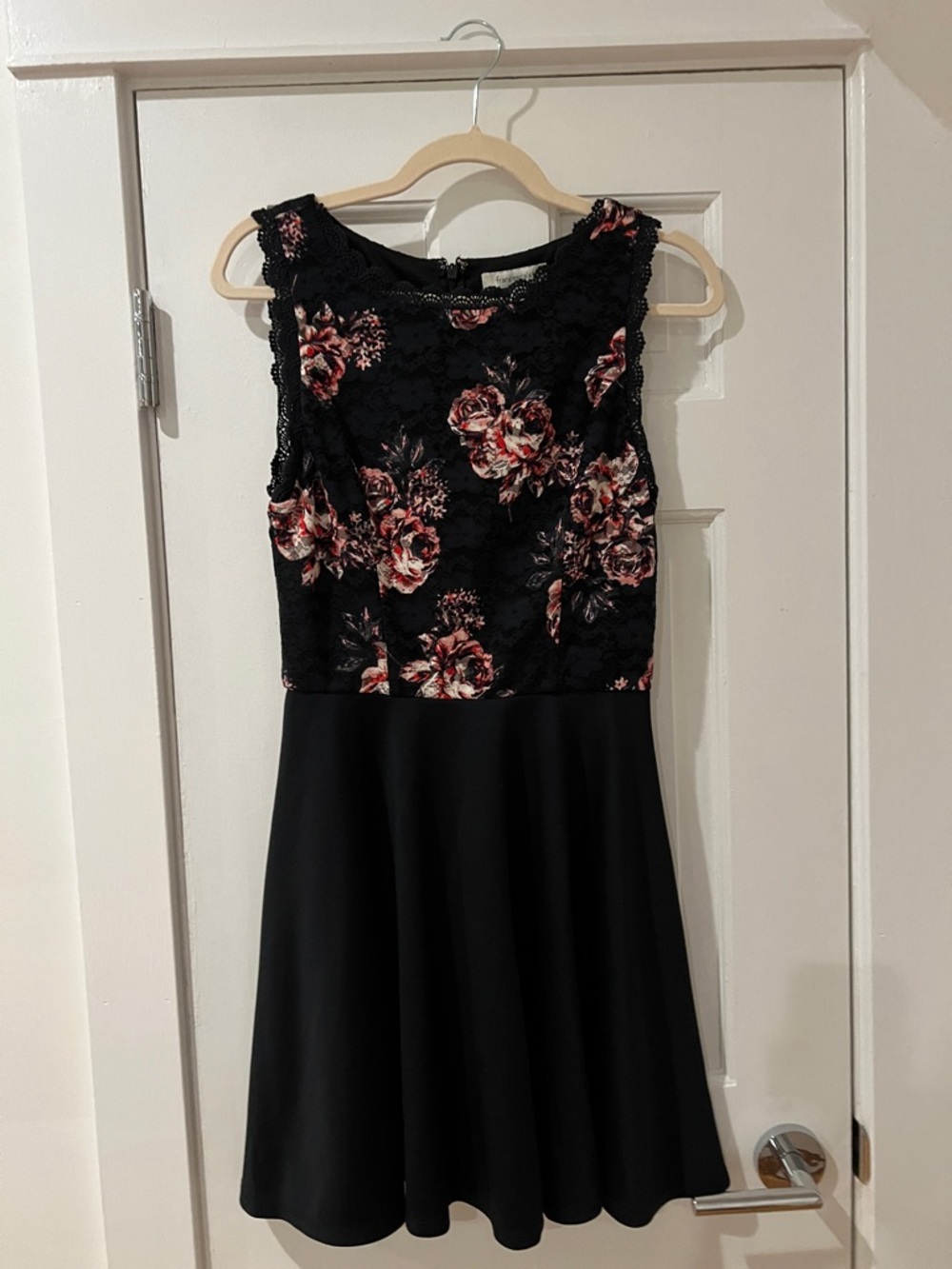 Francesca's Collections Black Mini Dress with Pink Floral Lace